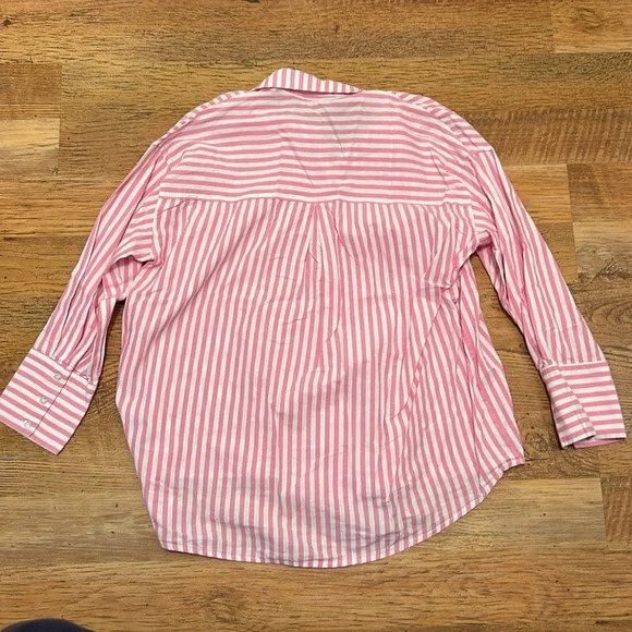 NIA Pink Pin Striped Boyfriend Button Down Coastal Lounge Long Sleeve Top A6 - Picture 2 of 4